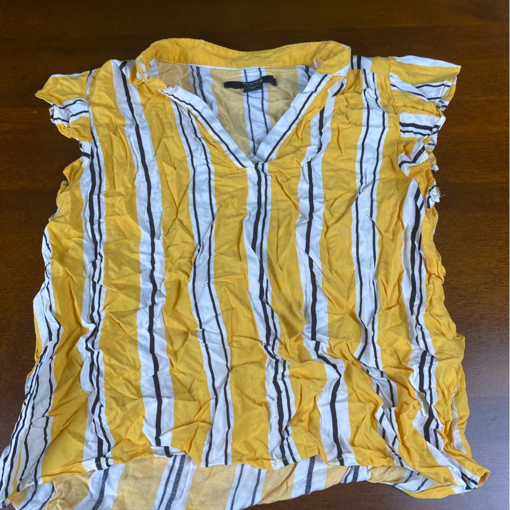 Yellow and White Striped Blouse with Crew Neck